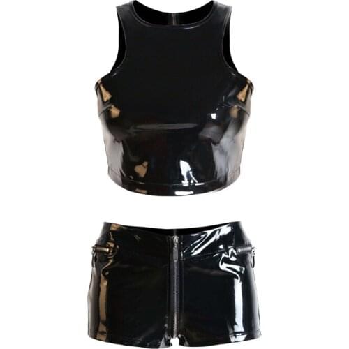 Sexy Women Steampunk Wet Look PVC Leather Women Set Black Pullover Top Solid Zipper Shorts Nightclub DS Outfit