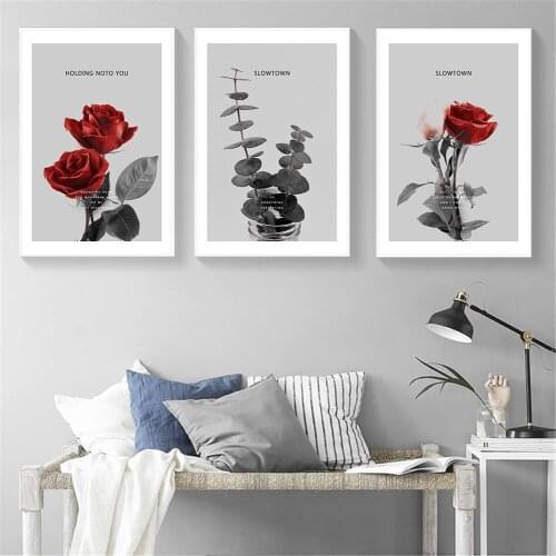 Nordic Plant Grey Poster Canvas Print Rose Painting Flower Wall Art Canvas Modern Home Decoration Kitchen Bedroom Bathroom Decor