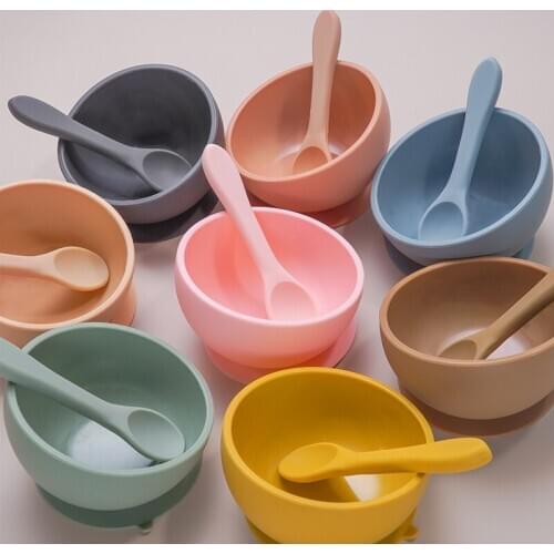 Silicone Feeding Tableware Set Toddler Plate And Spoon Spill-Proof Solid 45° Bevel Design Baby Sucker Bowl