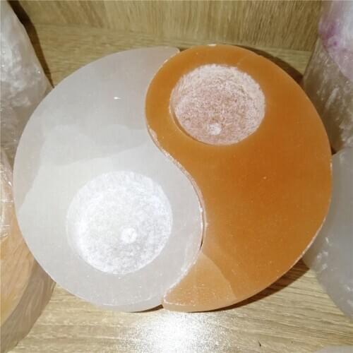 12cm Super Chinese traditional GONGFU products Fengshui decor orange selenite white gypsum carving ,natural crystal candle stick