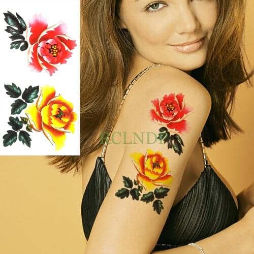Waterproof Temporary Tattoo Sticker Gold Red Rose Flower Fake Tatto Flash Tatoo leg Arm hand foot tatouage for Girl Women