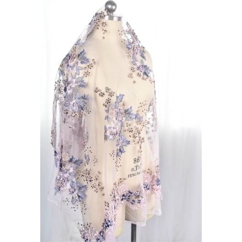 High End 3D Embroidered Flower Beading Rhinestone Lace Fabric Tulle Mesh Pearls DIY Wedding Dress Bride Sewing Material