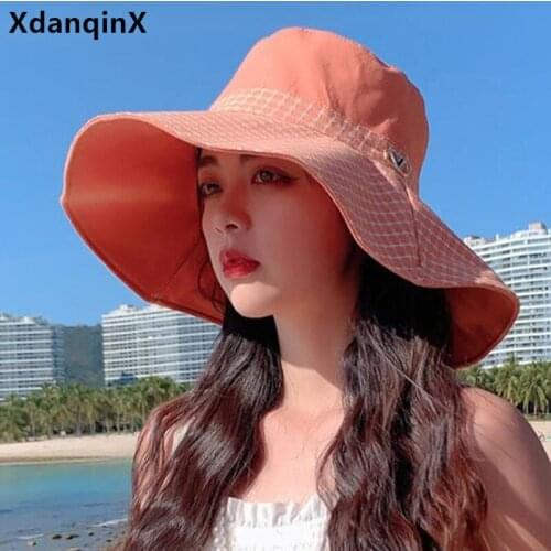 XdanqinX Foldable Womens Large-brimmed Sun Hats New Summer Women Cap Lattice Retro Female Travel Anti-UV Beach Hat Multicolor