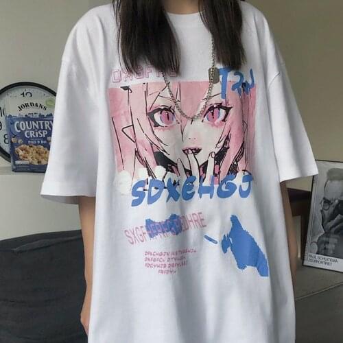 2021 New Short-sleeved T-shirt Women Student Anime Print Korean Loose Harajuku Style Cartoon Girl White Tee Punk Streetwear Top