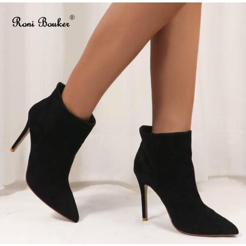 Roni Bouker Black Boots Women Genuine Leather Shoes Woman Pointed Toe Thin Heel Slip on Ankle Botas Zapatos De Mujer High Heels