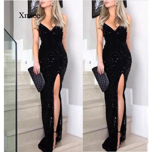 Summer Womens Banquet Dress Ladies Sleeveless Sequined Long Skirt Sexy V-Neck High Slit Belt Dress Elegant Long Dress