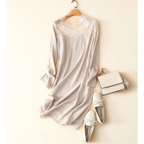 Spring autumn new lace crew neck long sleeve knit high quality 100% cashmere dress for women