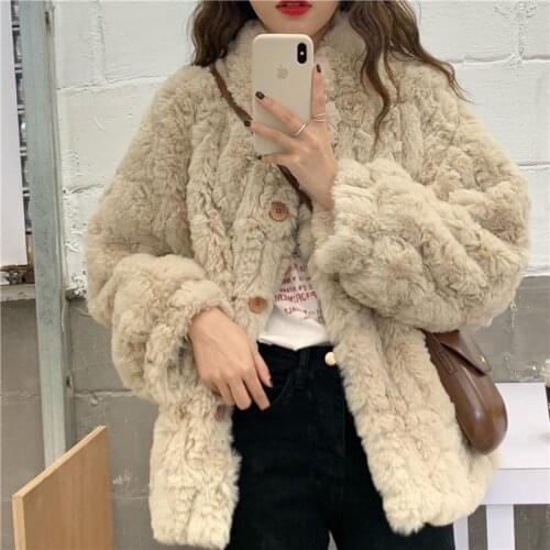 Women 2021 Winter Fashion Faux Rabbit Fur Plush Coats Female Short Thick Solid Color Overcoats Ladies Warm Faux Fur Jackets M403