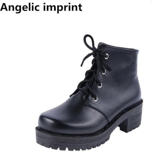 Angelic imprint mori girl Women motorcycle punk shoes lady low heels lolita ankle boots woman student princess dress pumps 5cm