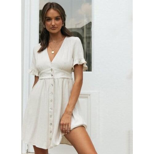 Ardm Elegant A-Line женское платье 2021 Spring Summer Deep V Neck Mini Dress Button Short Sleeve Ruffled Chic Ladies Vestido