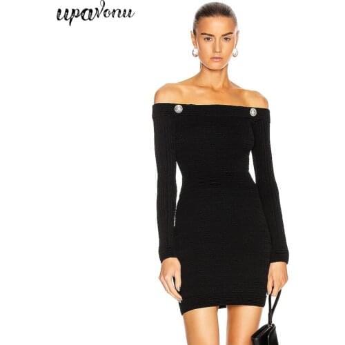 Free Shipping 2020 Autumn New Womens Dress Black Sexy Strapless Long Sleeve Bodycon Mini Dress Club Evening Party Dress Vestido