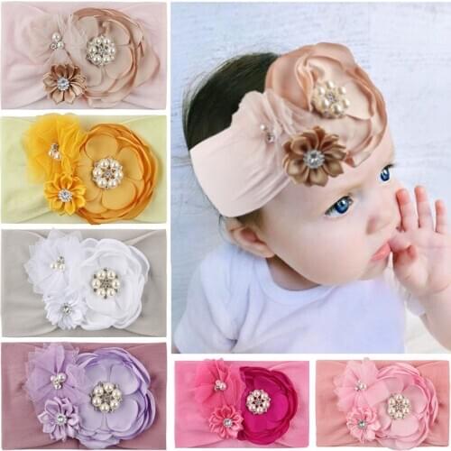 Big Flower Pearl Baby Headband Wide Soft Nylon Baby Girl Headbands Turban Solid Toddler Hair Band Baby Hair Accessorie