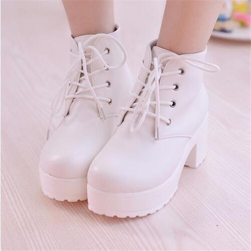 Block Heels Lace Up Boots Platform Shoes Black White Boots Women Shoes Autumn New Booties Woman Thick-soled Sexy Western Boots