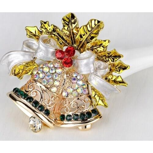Christmas Bells Gold-color Rhinestone Brooch Pins For Christmas Gift Girls Women Jewelry Wedding Bridal