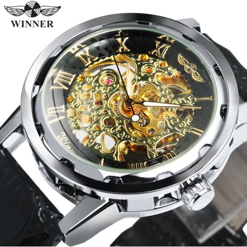 WINNER Mens Fashion Watches Brand Luxury Engraving Skeleton Golden Mechanical Watch Men Leather Strap Classic Dress Wristwatches