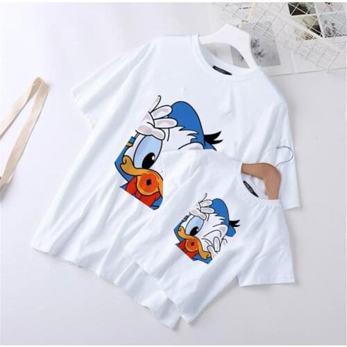 Summmer New Fashion Family Matching T Shirts Donald Duck Cartoon Cute Mommy And Me Father Son Clothes Harajuku Kids Chidlren Top