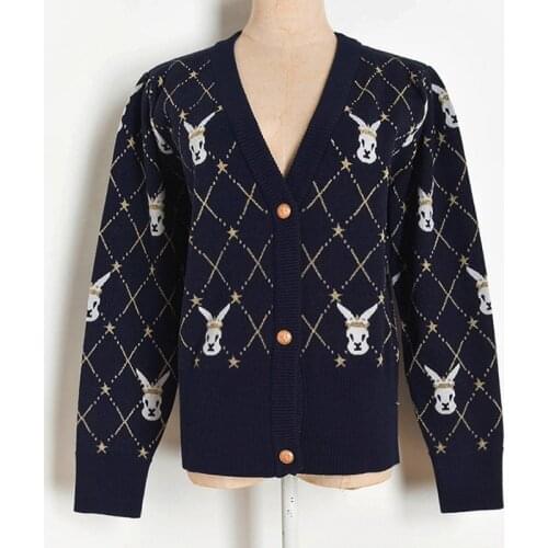 Brand Design Luxury Ladies Women Rabbit Gold Line Diamond V-Neck Long-Sleeved Cardigan Women Sweater High Waist Slim Coat 2020