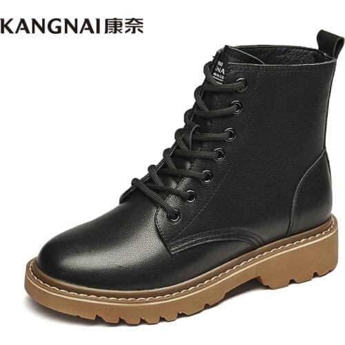 KANGNAI Womens Boots Genuine Leather Fashion Ladies Lace-Up Martins Zipper Chunky Ankle Boots Women Botas Winter Shoes