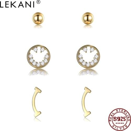LEKANI Sterling Silver 925 Earrings For Women Jewelry Devious Letter I & Round Bead Clear CZ Smiley Sets Golden Stud Earring
