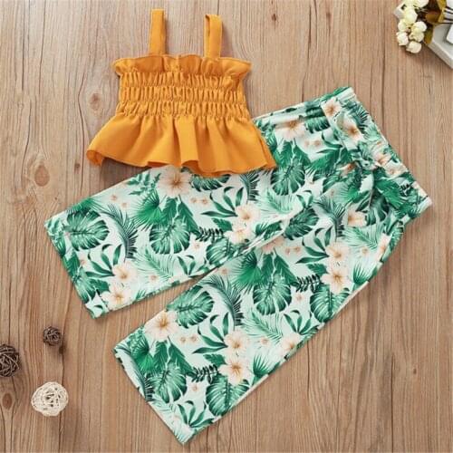 Summer Kids Baby Girls Ruffle Tops Sling Strap Blouse+Floral Wide Leg Pants Trousers Outfit 1-5Y