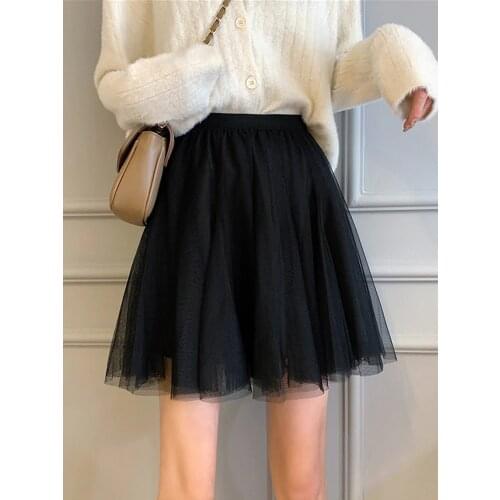 2020 Spring Women Mini Skirt Korean Mesh High Elastic Waiste Solid Black Skirts Tulle Skirts Women Clothing