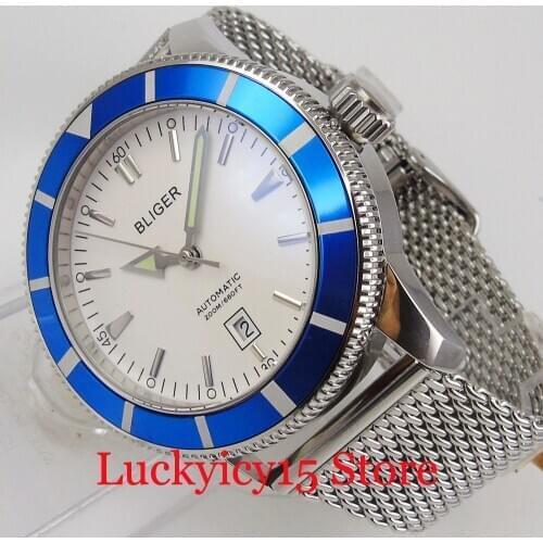BLIGER White 46mm Men Watch MIYOTA Movement Mental Band Date Window Rotating Bezel