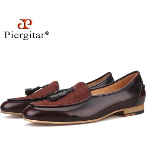 Piergitar brand 2019 Handmade leather men tassel loafers Fashion Men Casual Shoes party and banquet smoking slippers Big Size