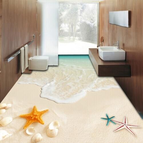 Custom 3D Floor Mural Wallpaper Papel De Parede Sandy Beach Waves Starfish Shell Floor Sticker Home Decor Modern Wall Painting