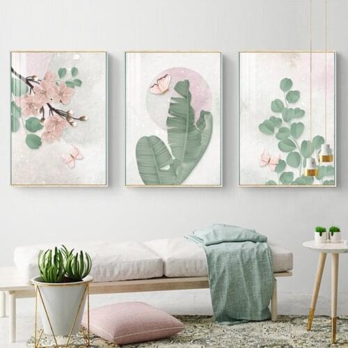 Pink and Green Flowers Leaves Hand Printed Wall Posters Canvas Painted Cartoon Art Nordic Print for Living Room Home Decoration