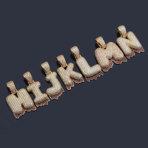 OMYFUN A-Z Bubble Letters Drip Pendant Hip Hop Bling Jewelry Gold Color Collar CZ Paved Initial Necklaces & Pendants Bijoux