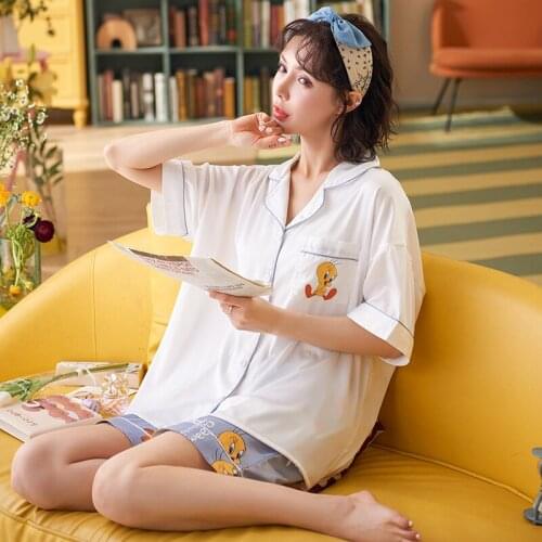 Womens Homedress Pajamas Sets Short Sleeve Shorts Ice Silk Nightgown Turn-down Collar Sleepwear Silk-like Fabric Home Clothing