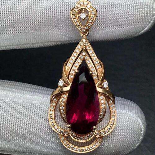 Rubillite Tourmaline Pendant Real 18K Gold Rose 100% Natural Rubillite Tourmaline 7.2ct Gemstones Diamond Pendant Necklace