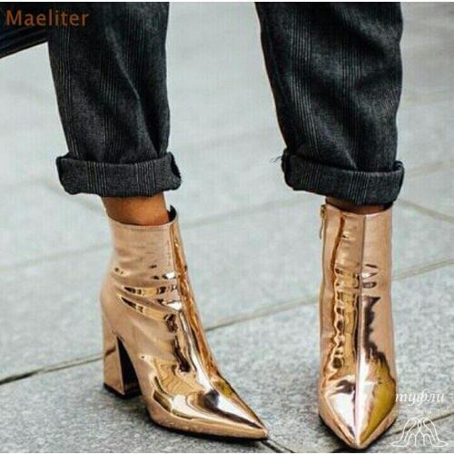 Hot Selling Women Chunky Heel Dress Boots Gold Patent Leather Pointed Toe Motorcycle Boots Pointed Toe Concise Riding Boots
