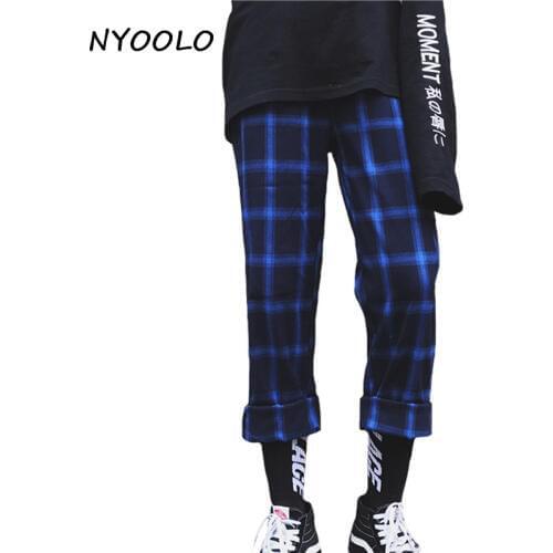 NYOOLO Harajuku Streetwear blue Plaid pants casual drawstring straight pants women/men