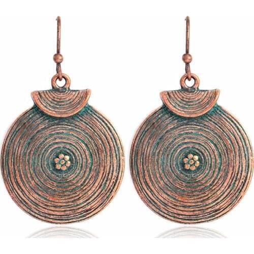 Vintage Spiral Round Pendant Earrings Simple CD Tree Pattern Water Ripple Bronze Ethnic Wind Earrings Bohemian Holiday Jewelry