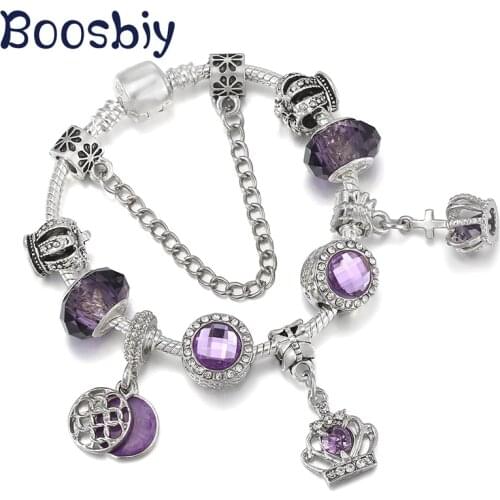 High Quality European Brand Silver Plated Charm Bracelet With Purple Crown Pendants DIY Jewelry Gift For Women To Be A Queen