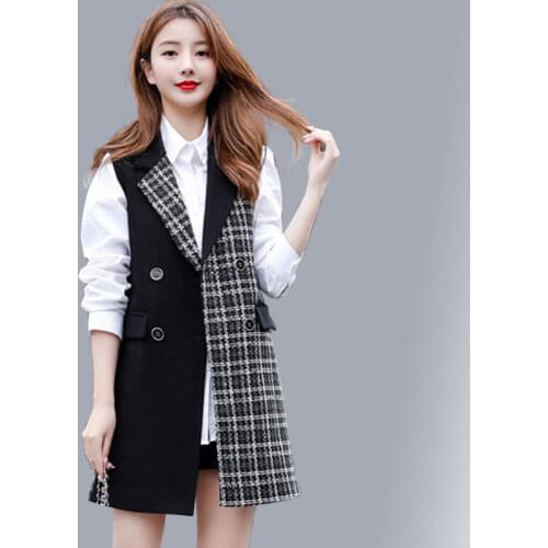 2021 Spring Autumn New Womens Korean Loose Casual Cardigan Turn-down Collar Sleeveless Vest Splice Plaid Waistcoat L-5XL Y723