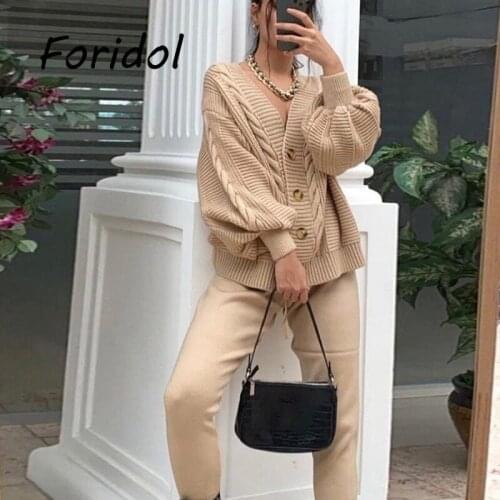 Autumn Outfits Women Long Sleeve Solid Knitted Cardigan Sweater Blouse Top and Casual Pants Set Fashion Loose Two Piece Suits