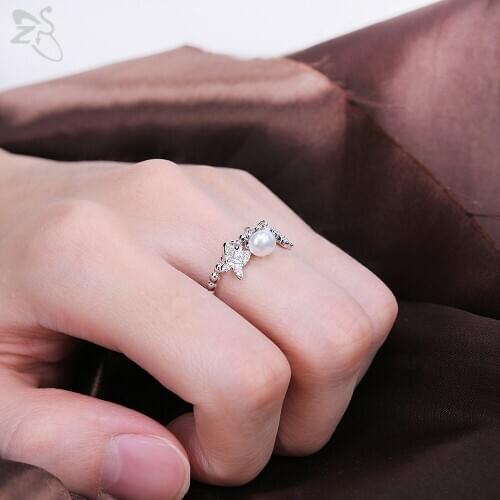 ZS 1 PC Butterfly and Clover Freshwater Pearl Beaded Ring For Women Girl 925 Sterling Silver Rings Zircon Silver Jewelry Gifts