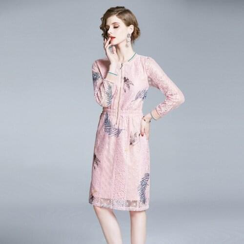 NRJ-5F-518-B-8821 Runway Dresses 2020 Spring Women Long Sleeve Leaf Print Lace Dress