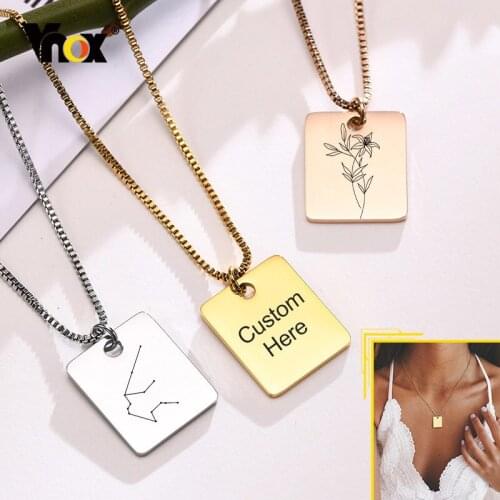 Vnox 12 Month Flower Constellation Women Necklaces, Gold Tone Geometric Square Pad Zodiac Pendant,Elegant Chic Minimalist Collar