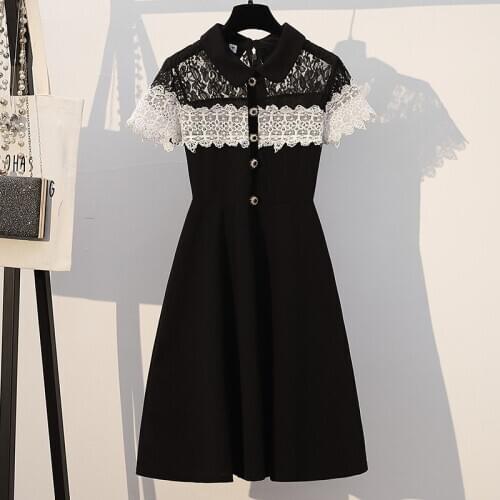 Floral Lace Patchwork Chiffon Dress Women Turn Down Collar Shirts Dress Office Lady Short Sleeve Party Dress Plus Size 5XL A940