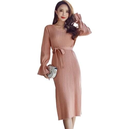 Wsfs Winter Women Dresses Knitted Black Pink Vneck Long Flare Sleeve Vintage Bandage Dress Belt Lady Sexy Party Lace Up Dress