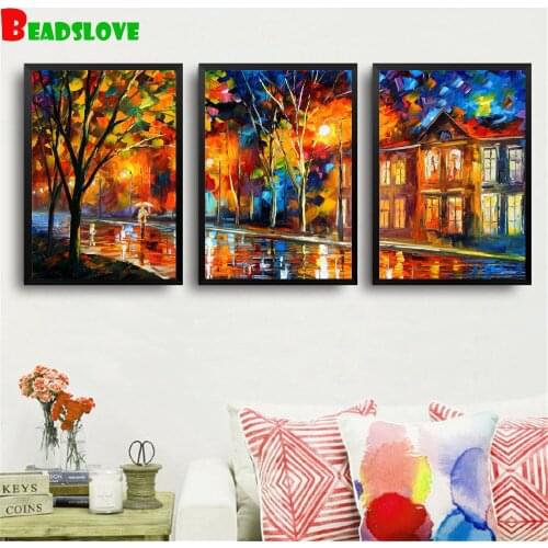 3pcs 5D DIY Diamond Painting Abstract rainy night street Full Square round Drill Diamond Embroidery Seaside Cross Stitch G137