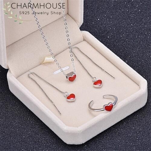 Pure Silver Jewellery Sets For Women Red Heart Pendant Necklace Long Tassel Earrings Ring 3 Pcs Jewelry Set Accesories Bijoux
