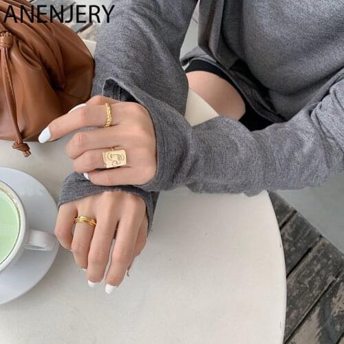 ANENJERY 925 Sterling Silver Simple Trend Gold Twist Knitting Open Finger Ring For Women Jewelry Gifts Wholesale S-R668