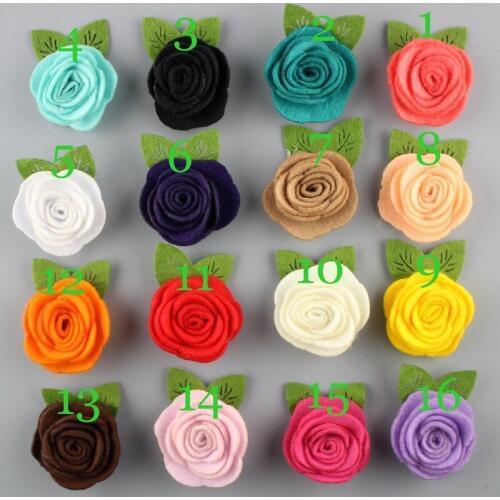 Free Shipping!2017 New 100pcs/lot 26colors Fashion handmade felt rose flower with leaf Diy for hair accessories headband