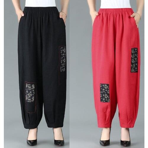 Spring Summer Womens Pants Elastic Waist Harem Trousers folk Custom Mother Cotton Linen Ankle-Length Pants Plus Size 3XL W2361