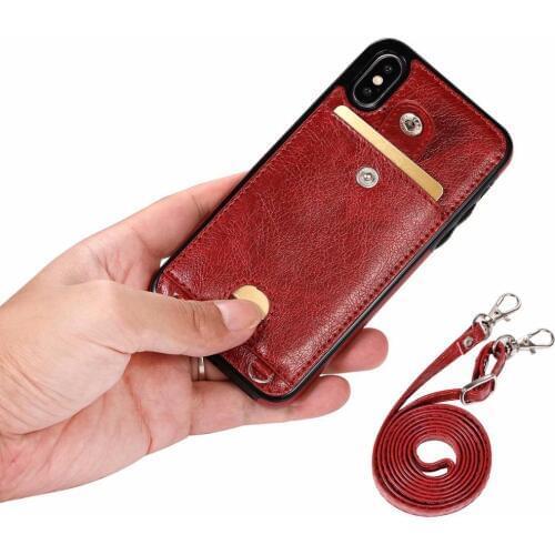 Leather Cell Phone Case Bag Shoulder Pocket Wallet Pouch Case Neck Strap for iPhone X XS Max XR 11 Pro Max 6 6S 7 8 Plus