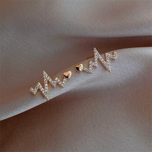 ECG Heartbeat Stud Earrings For Women Gold Color Heart Femme Earrings Crystal Pendientes Jewelry Korean
